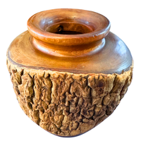 Hand-Turned Vintage Wood Vase With Metal Removable Interior Feature Rustic Bark
