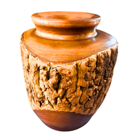 Hand-Turned Vintage Wood Vase With Metal Removable Interior Feature Rustic Bark
