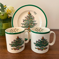 Vintage England Spode Christmas Tree Coffee 2-Mug-4-Plate Set 6 PCS
