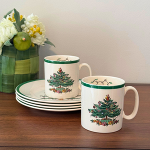 Vintage England Spode Christmas Tree Coffee 2-Mug-4-Plate Set 6 PCS