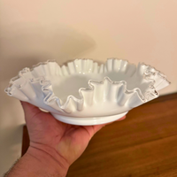 Fenton Ruffled Milky-White-Clear Tip Glass Bowl
