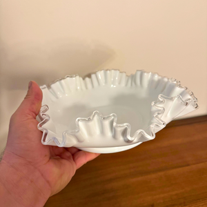 Fenton Ruffled Milky-White-Clear Tip Glass Bowl