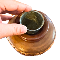 Hand-Turned Vintage Wood Vase With Metal Removable Interior Feature Rustic Bark
