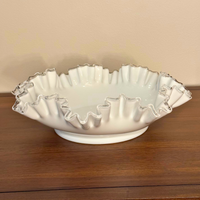 Fenton Ruffled Milky-White-Clear Tip Glass Bowl
