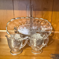 Vintage Glass Silver Overlay Set Creamer-Sugar-Bowl Dish
