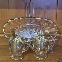 Vintage Glass Silver Overlay Set Creamer-Sugar-Bowl Dish
