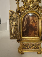 Vintage Jesus Traveling-Table Triptych Religious Metal Relive Mini Altar-Frame
