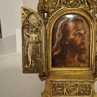 Vintage Jesus Traveling-Table Triptych Religious Metal Relive Mini Altar-Frame