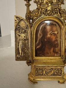 Vintage Jesus Traveling-Table Triptych Religious Metal Relive Mini Altar-Frame