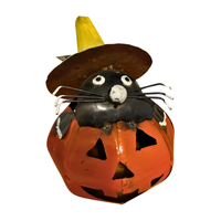 Rustic Metal Cat-Jacker-Lantern Halloween Decor
