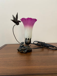 Hummingbird Sculptured Bronze Patina Glass Flower Lamp