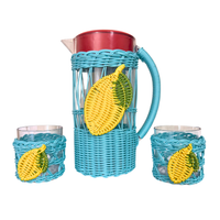 Wicker Plastic Lemon Design Pitcher and 2 Matching Tumblers Set
