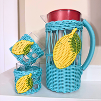 Wicker Plastic Lemon Design Pitcher and 2 Matching Tumblers Set
