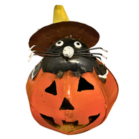 Rustic Metal Cat-Jacker-Lantern Halloween Decor
