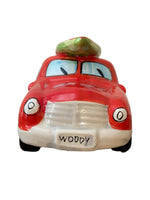 Ceramic Beachcombers Red Woody Station Wagon with Surfboard Coin Bank
