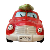 Ceramic Beachcombers Red Woody Station Wagon with Surfboard Coin Bank