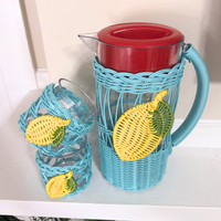 Wicker Plastic Lemon Design Pitcher and 2 Matching Tumblers Set
