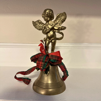 Brass Angel Bell Holiday Christmas Decor w/ Plaid Ribbon Bow
