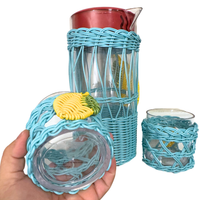 Wicker Plastic Lemon Design Pitcher and 2 Matching Tumblers Set
