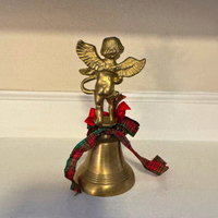 Brass Angel Bell Holiday Christmas Decor w/ Plaid Ribbon Bow
