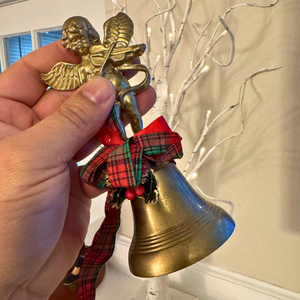 Brass Angel Bell Holiday Christmas Decor w/ Plaid Ribbon Bow