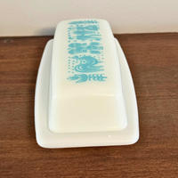 PYREX Vintage Glass Butter-dish Amish Butter Print Turquoise Blue 1950s
