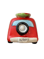 Ceramic Beachcombers Red Woody Station Wagon with Surfboard Coin Bank
