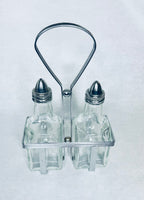 Vintage Set 2 Glass Oil-Vinegar Salad Cruets Metal Caddy
