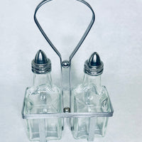 Vintage Set 2 Glass Oil-Vinegar Salad Cruets Metal Caddy