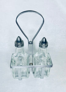 Vintage Set 2 Glass Oil-Vinegar Salad Cruets Metal Caddy