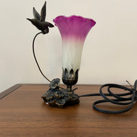 Hummingbird Sculptured Bronze Patina Glass Flower Lamp