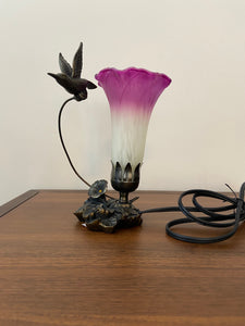 Hummingbird Sculptured Bronze Patina Glass Flower Lamp