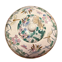 Chinoiserie Glazed Porcelain Jar 20th Century Style Flora-Nature-Birds-Butterflies-Dragonflies
