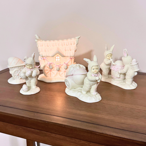 Vintage Easter Snowbunnies and Village Woodland Wagon Set 5 PCS