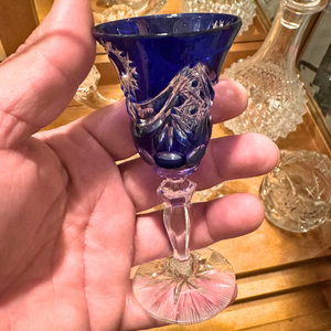 Vintage Crystal Cobalt Blue Cut To Clear Cordial Liqueur Glasses Set 4