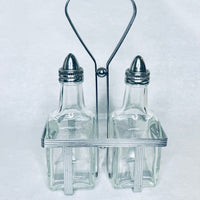 Vintage Set 2 Glass Oil-Vinegar Salad Cruets Metal Caddy