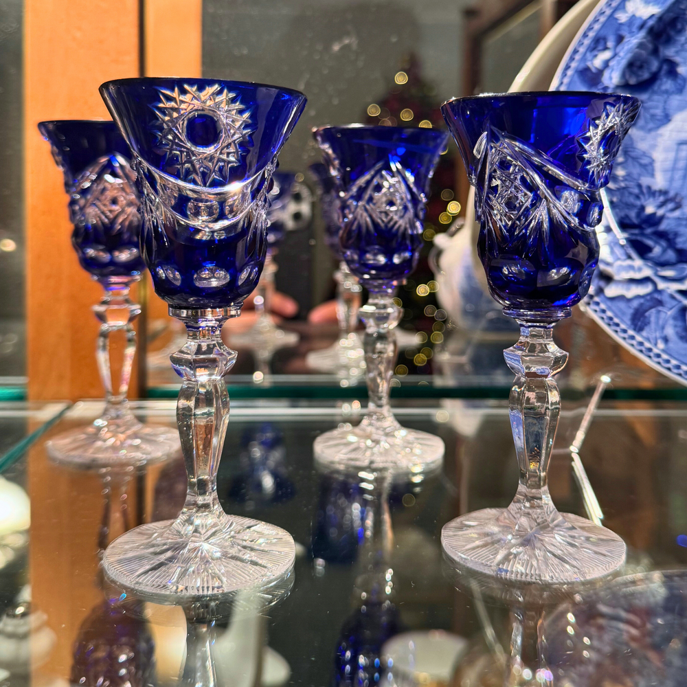 Vintage Crystal Cobalt Blue Cut To Clear Cordial Liqueur Glasses Set 4