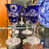 Vintage Crystal Cobalt Blue Cut To Clear Cordial Liqueur Glasses Set 4
