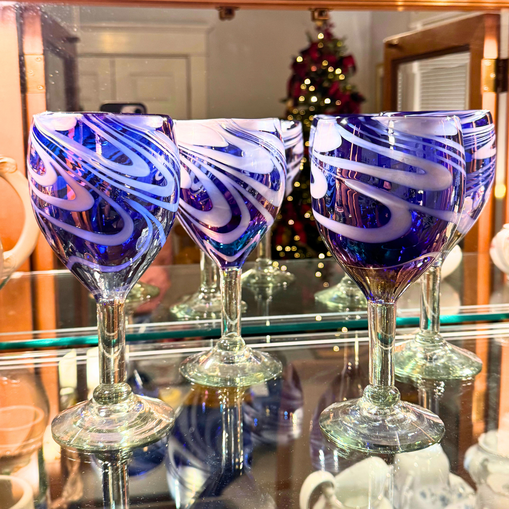 Hand-blown Glass Swirl Cobalt-Blue Mother-Pearl Clear Wine-Beverage Glasses