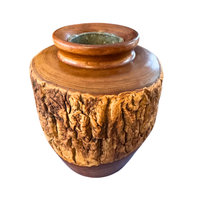 Hand-Turned Vintage Wood Vase With Metal Removable Interior Feature Rustic Bark
