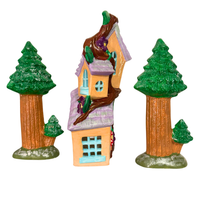 Hand-Painted Vintage Ceramic Fairy-House And Rustic Pencil Tree-House Set 3
