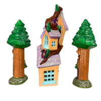 Hand-Painted Vintage Ceramic Fairy-House And Rustic Pencil Tree-House Set 3
