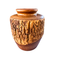 Hand-Turned Vintage Wood Vase With Metal Removable Interior Feature Rustic Bark
