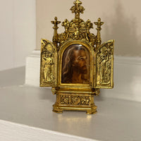 Vintage Jesus Traveling-Table Triptych Religious Metal Relive Mini Altar-Frame