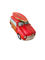 Ceramic Beachcombers Red Woody Station Wagon with Surfboard Coin Bank
