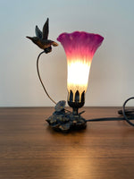 Hummingbird Sculptured Bronze Patina Glass Flower Lamp
