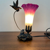 Hummingbird Sculptured Bronze Patina Glass Flower Lamp