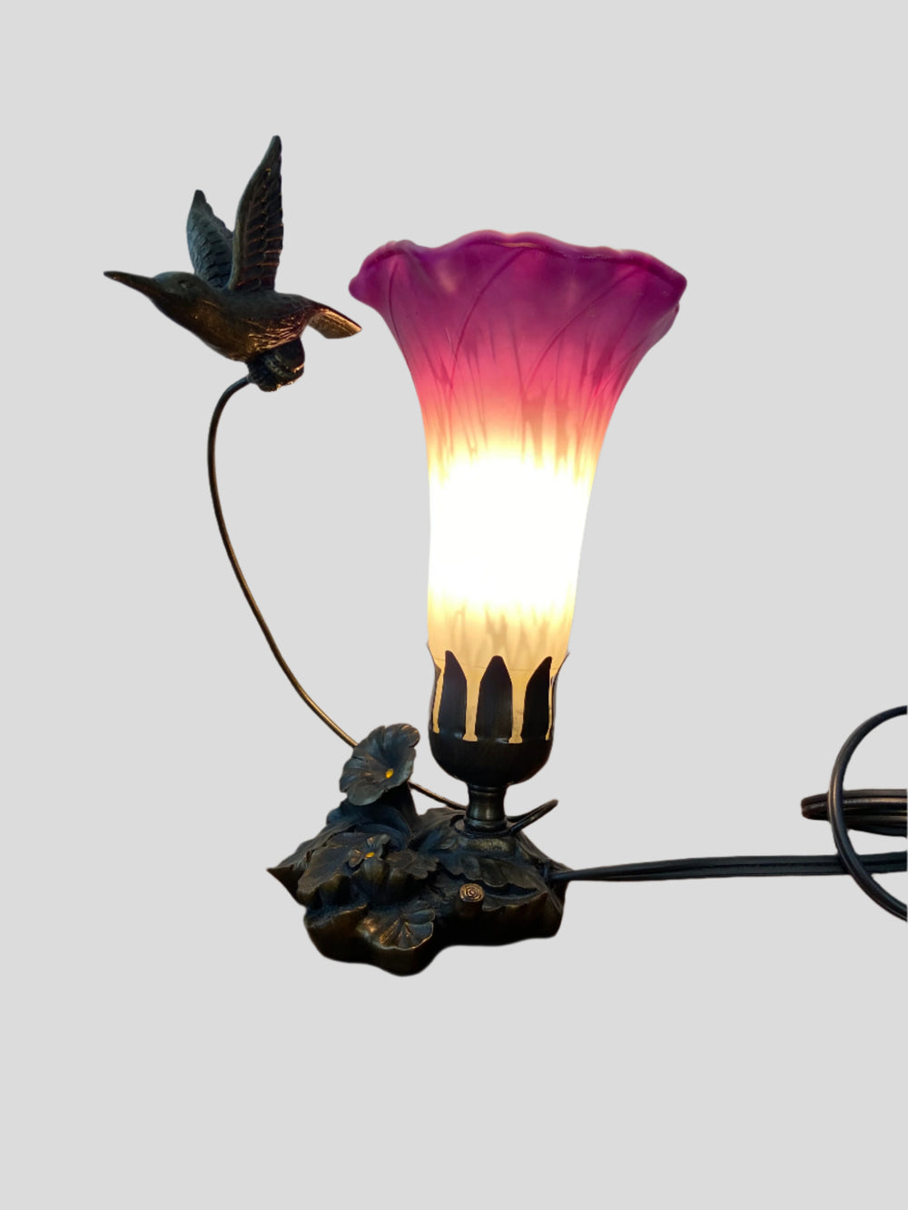 Hummingbird Sculptured Bronze Patina Glass Flower Lamp