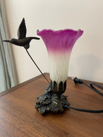 Hummingbird Sculptured Bronze Patina Glass Flower Lamp
