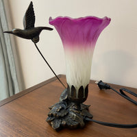 Hummingbird Sculptured Bronze Patina Glass Flower Lamp